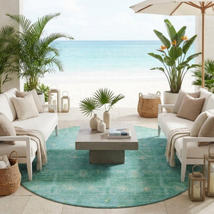 8 Ft Round Tribal Geometric Polyester Rug Stain Resistant Indoor Outdoor Teal