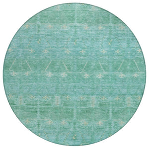 HomeRoots 8 Ft Round Tribal Geometric Polyester Rug Stain Resistant Indoor Outdoor Teal 739085