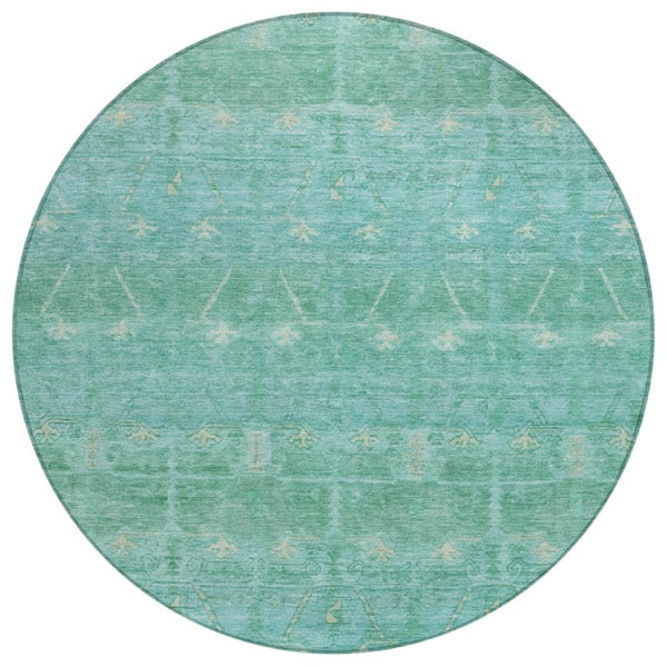 HomeRoots 8 Ft Round Tribal Geometric Polyester Rug Stain Resistant Indoor Outdoor Teal 739085