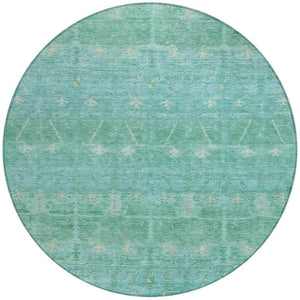 8 Ft Round Tribal Geometric Polyester Rug Stain Resistant Indoor Outdoor Teal