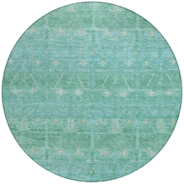 8 Ft Round Tribal Geometric Polyester Rug Stain Resistant Indoor Outdoor Teal