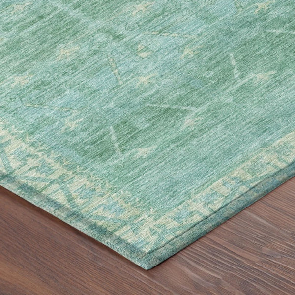 8 Ft Round Tribal Geometric Polyester Rug Stain Resistant Indoor Outdoor Teal