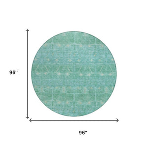 8 Ft Round Tribal Geometric Polyester Rug Stain Resistant Indoor Outdoor Teal