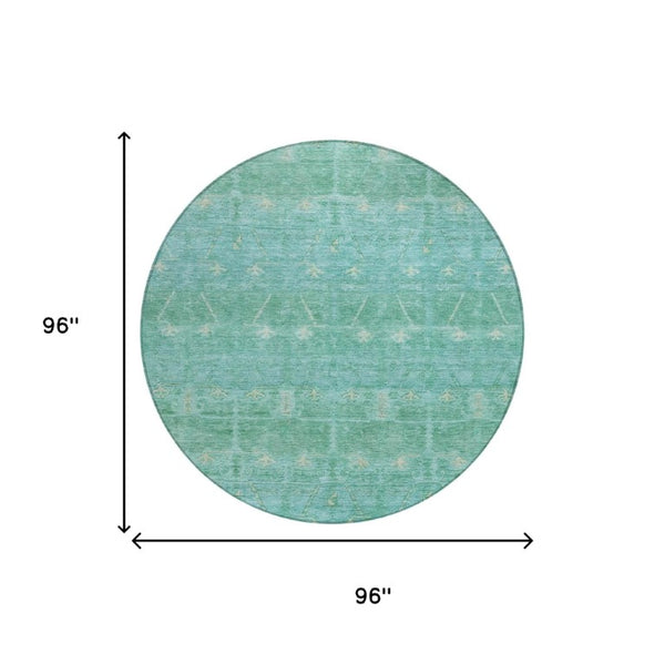 8 Ft Round Tribal Geometric Polyester Rug Stain Resistant Indoor Outdoor Teal