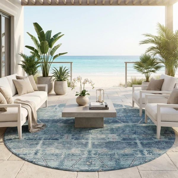 8 Ft Round Tribal Geometric Polyester Rug Washable Stain Resistant for Patio or Family Room