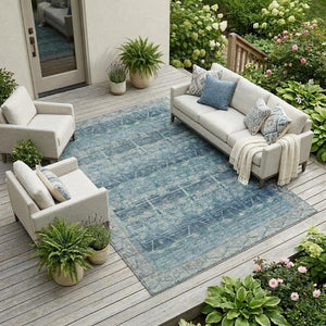 9 X 12 Denim Blue Tribal Polyester Area Rug Washable Stain Resistant Indoor Outdoor