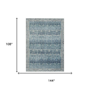 9 X 12 Denim Blue Tribal Polyester Area Rug Washable Stain Resistant Indoor Outdoor