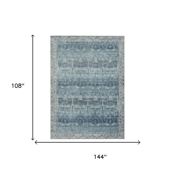 9 X 12 Denim Blue Tribal Polyester Area Rug Washable Stain Resistant Indoor Outdoor