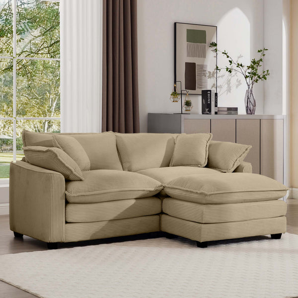 English Elm Corduroy L-Shaped Two-Seater Sofa With Ottoman - Stylish Tan Design For Small Spaces & Modern Comfort W714S00790