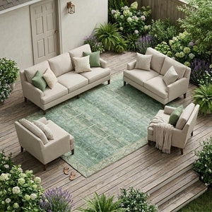 10 X 14 Tribal Fern Green Washable Polyester Area Rug for Indoor Outdoor Use