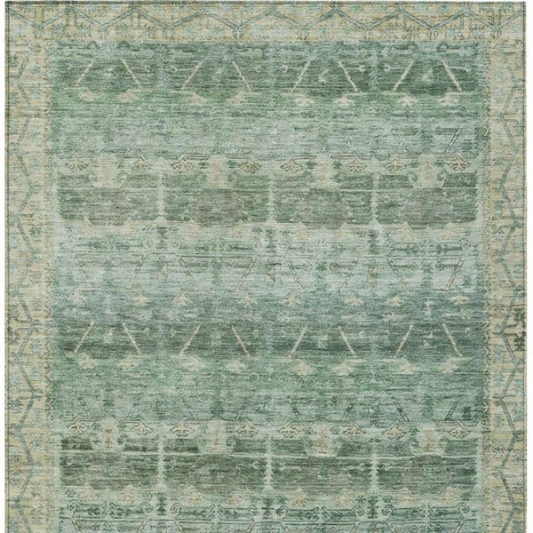 10 X 14 Tribal Fern Green Washable Polyester Area Rug for Indoor Outdoor Use