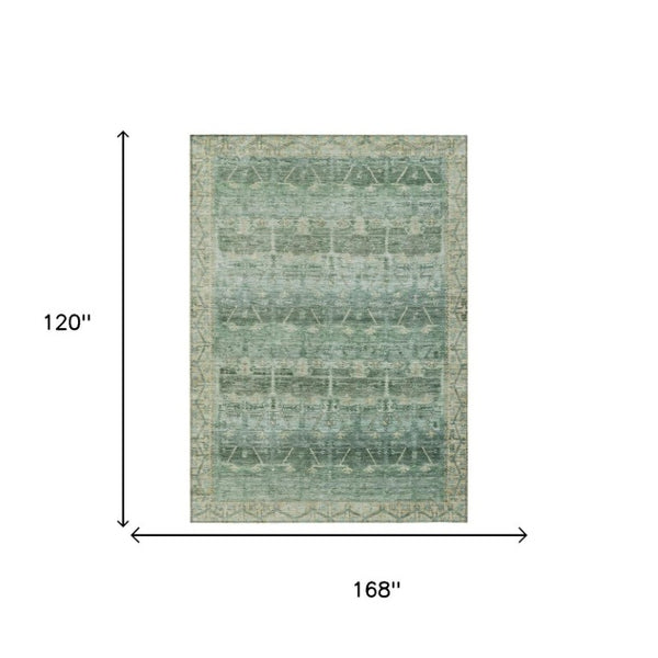 10 X 14 Tribal Fern Green Washable Polyester Area Rug for Indoor Outdoor Use