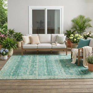 5x8 Teal Tribal Polyester Area Rug Washable Stain Resistant Indoor Outdoor Patio