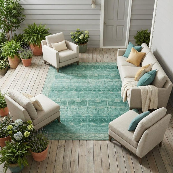 9x12 Teal Tribal Polyester Area Rug Washable Stain Resistant Indoor Outdoor Patio