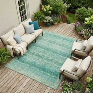 10 X 14 Teal Tribal Polyester Area Rug Washable Stain Resistant Indoor Outdoor