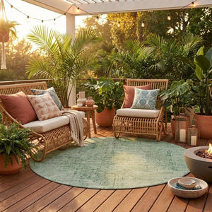 8 Foot Round Oriental Geometric Polyester Rug Washable for Patio Porch and Family Room