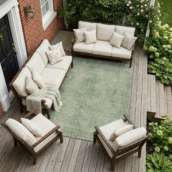 10 X 14 Oriental Polyester Area Rug Washable Stain Resistant Indoor Outdoor Green