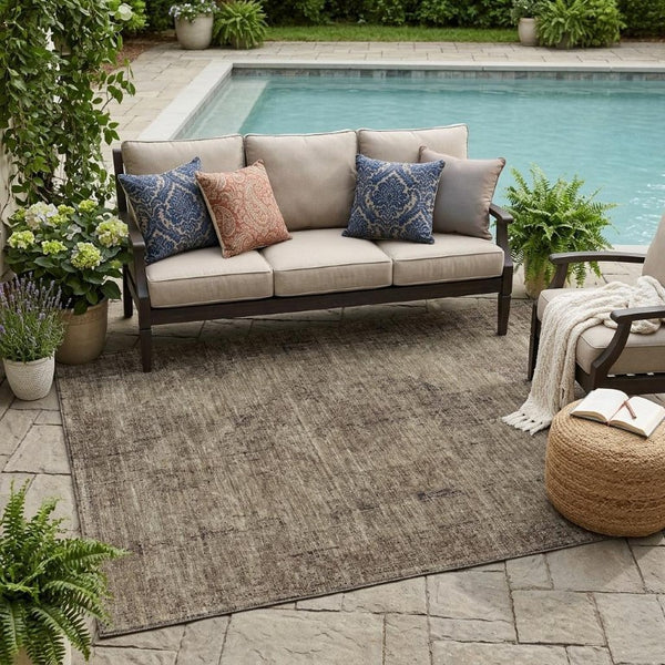 5x8 Oriental Polyester Area Rug Washable Stain Resistant Indoor Outdoor Taupe Brown