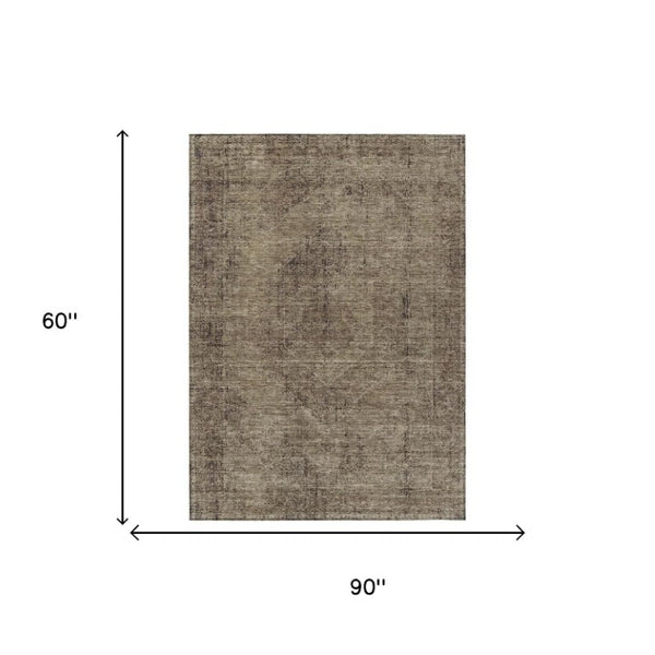 5x8 Oriental Polyester Area Rug Washable Stain Resistant Indoor Outdoor Taupe Brown