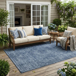 5x8 Oriental Polyester Area Rug Indoor Outdoor Washable Stain Resistant Denim Blue