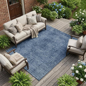 10 X 14 Denim Blue Oriental Polyester Area Rug Washable for Indoor Outdoor Use