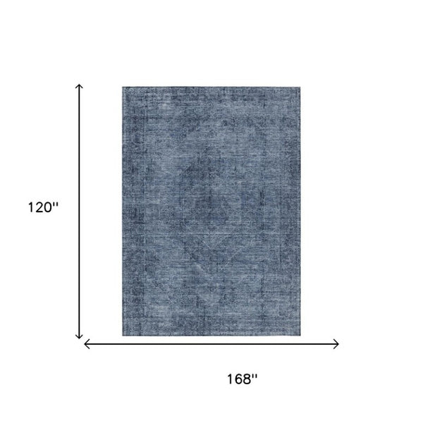 10 X 14 Denim Blue Oriental Polyester Area Rug Washable for Indoor Outdoor Use