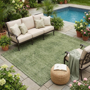 5x8 Olive Green Oriental Polyester Area Rug Washable Stain Resistant Indoor Outdoor
