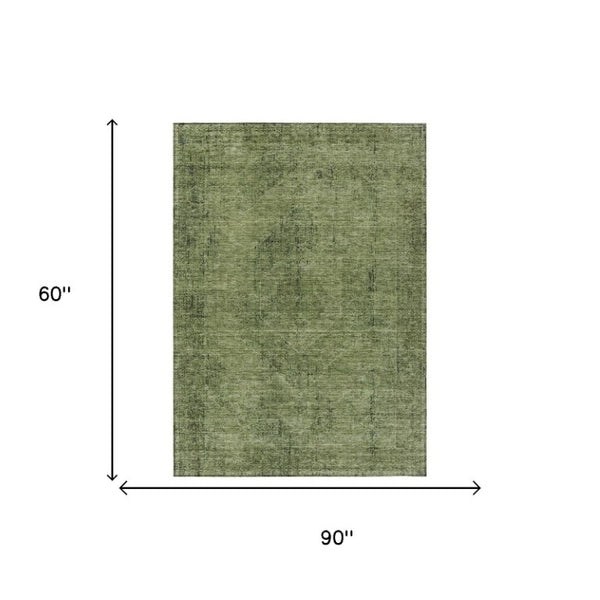 5x8 Olive Green Oriental Polyester Area Rug Washable Stain Resistant Indoor Outdoor