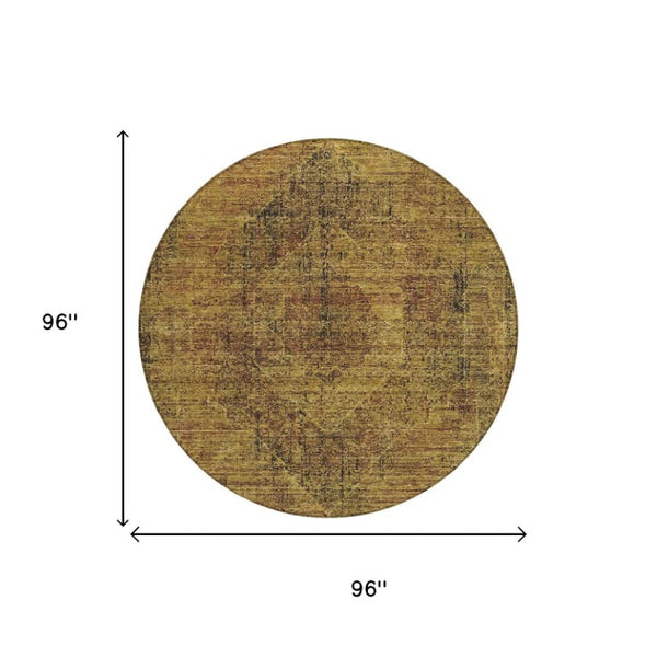 8 Foot Round Oriental Polyester Area Rug Rust Tones Washable for Indoor Outdoor