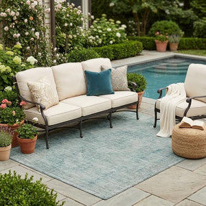 5x8 Blue Ivory Oriental Polyester Area Rug Washable Stain Resistant Indoor Outdoor
