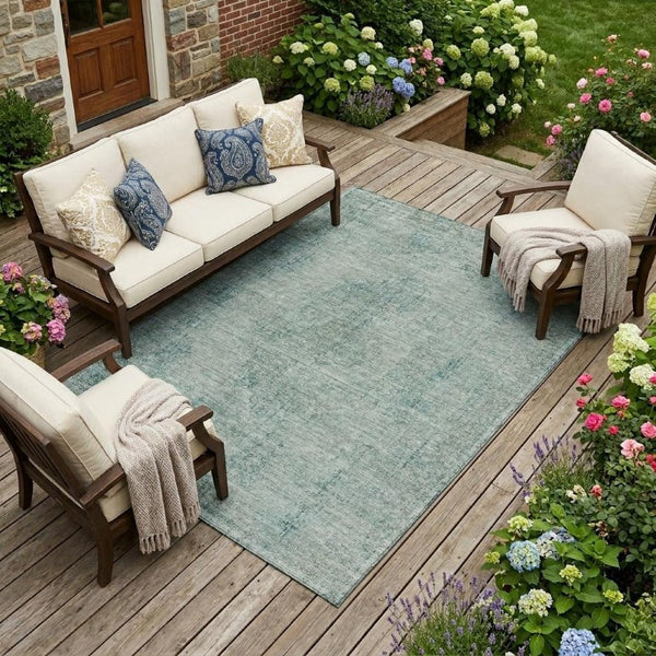 9x12 Blue Ivory Oriental Polyester Area Rug Washable for Patio Porch or Living Room
