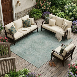 10 X 14 Blue Ivory Oriental Polyester Area Rug Washable for Indoor Outdoor Use