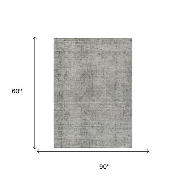5 X 8 Silver Gray Oriental Polyester Area Rug Washable for Indoor Outdoor Use