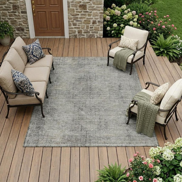 8x10 Silver Gray Oriental Polyester Area Rug Stain Resistant Indoor Outdoor Use