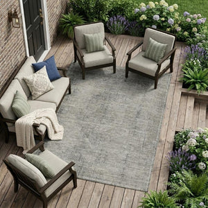 10 X 14 Oriental Polyester Area Rug Washable Indoor Outdoor Silver Gray Patio