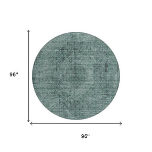 8 Ft Round Oriental Polyester Area Rug Teal Gray Washable for Indoor Outdoor Use