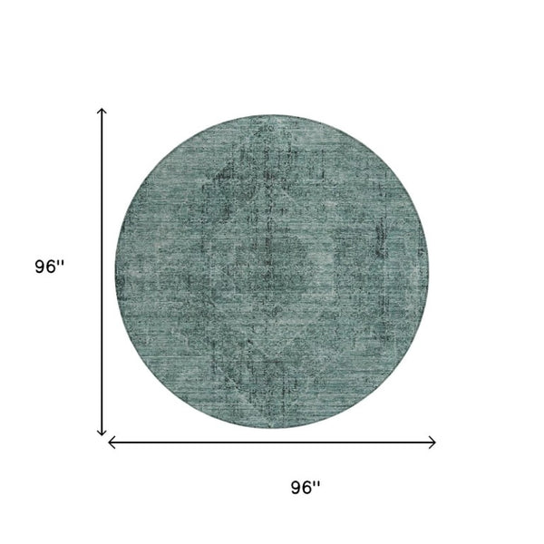 8 Ft Round Oriental Polyester Area Rug Teal Gray Washable for Indoor Outdoor Use