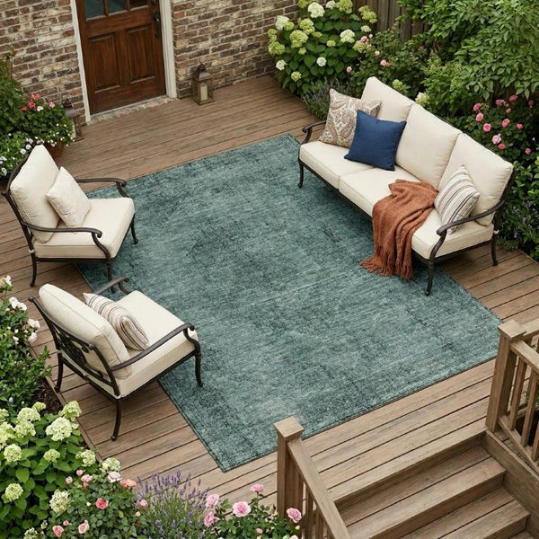 8 X 10 Teal Gray Oriental Polyester Area Rug Stain Resistant for Patio or Living Room
