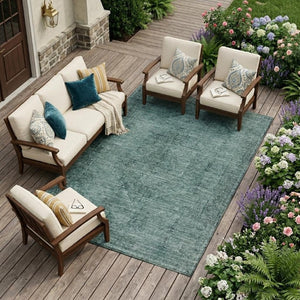 9x12 Teal Gray Oriental Polyester Area Rug Washable Stain Resistant Indoor Outdoor