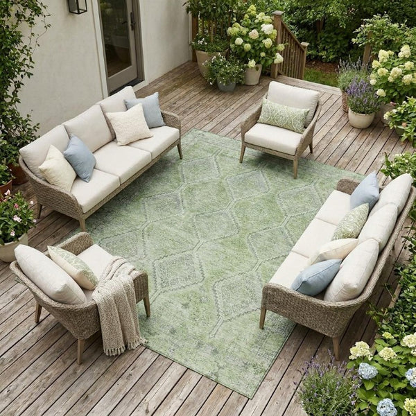 10 Ft X 14 Ft Sage Green Geometric Polyester Washable Rug for Patio or Living Room