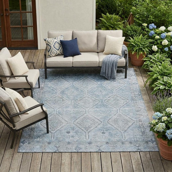 8 X 10 Geometric Polyester Area Rug Washable Stain Resistant Indoor Outdoor Blue