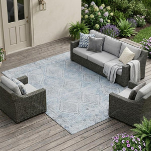 10 X 14 Blue Geometric Polyester Area Rug Washable for Indoor Outdoor Spaces