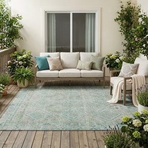 5 X 8 Turquoise Teal Geometric Polyester Area Rug for Patio Porch or Living Room