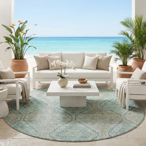 8 Ft Round Geometric Polyester Area Rug Washable Teal Indoor Outdoor Patio