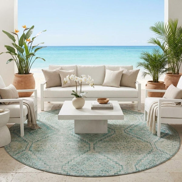 8 Ft Round Geometric Polyester Area Rug Washable Teal Indoor Outdoor Patio