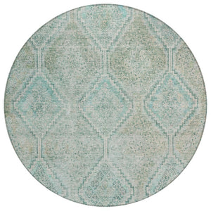 HomeRoots 8 Ft Round Geometric Polyester Area Rug Washable Teal Indoor Outdoor Patio 739225
