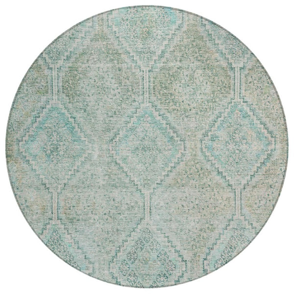 HomeRoots 8 Ft Round Geometric Polyester Area Rug Washable Teal Indoor Outdoor Patio 739225