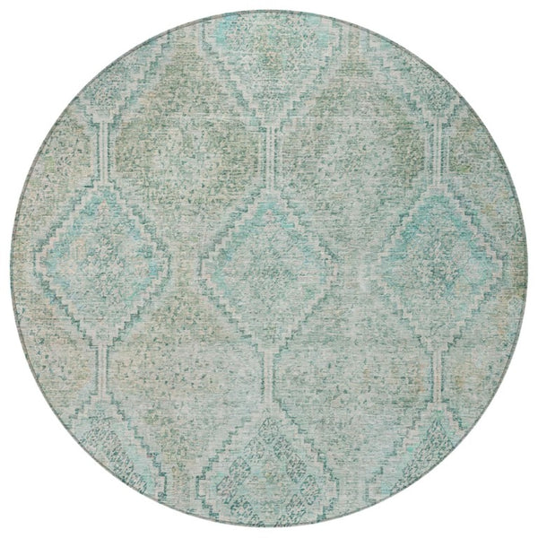 8 Ft Round Geometric Polyester Area Rug Washable Teal Indoor Outdoor Patio