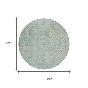 8 Ft Round Geometric Polyester Area Rug Washable Teal Indoor Outdoor Patio