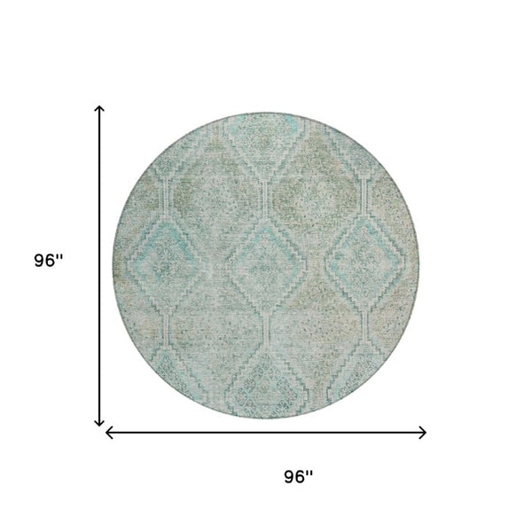 8 Ft Round Geometric Polyester Area Rug Washable Teal Indoor Outdoor Patio